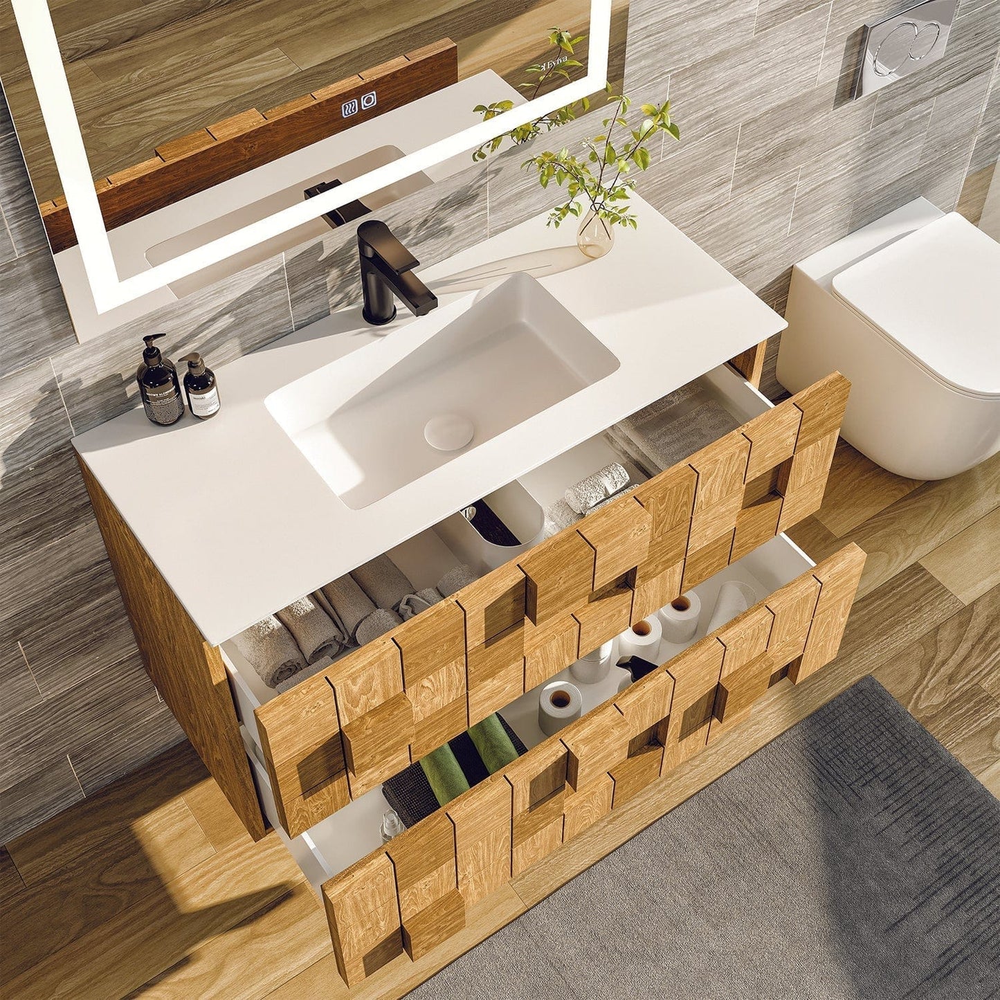 Eviva Mosaic Wall Mounted Oak Bathroom Vanity