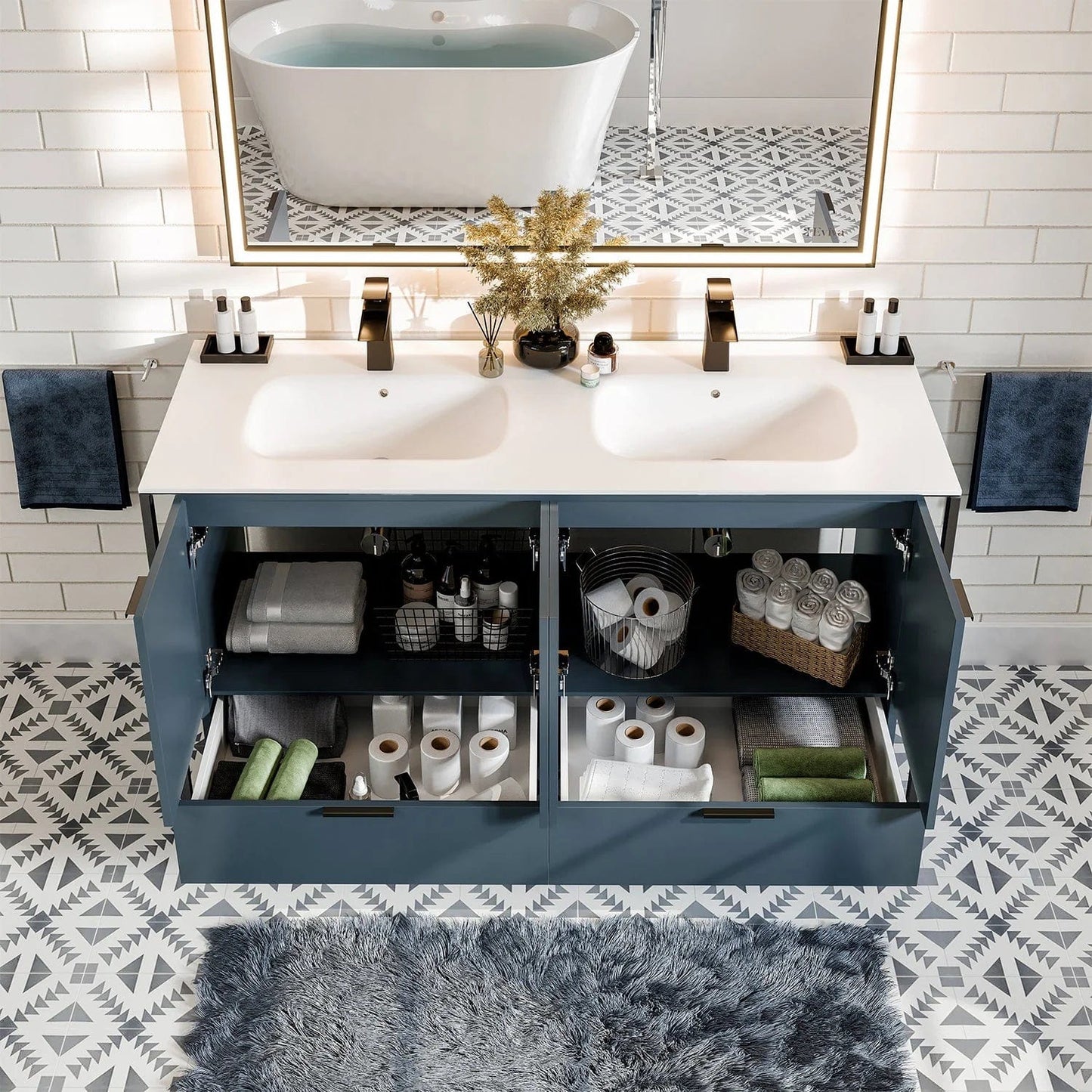 EVIVA Moma 48 Inch Double Sink Bathroom Vanity with Black Metallic Legs