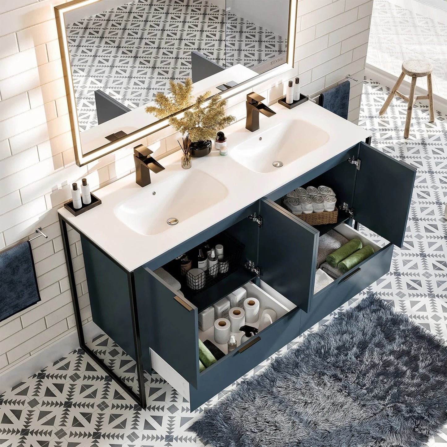 EVIVA Moma 48 Inch Double Sink Bathroom Vanity with Black Metallic Legs
