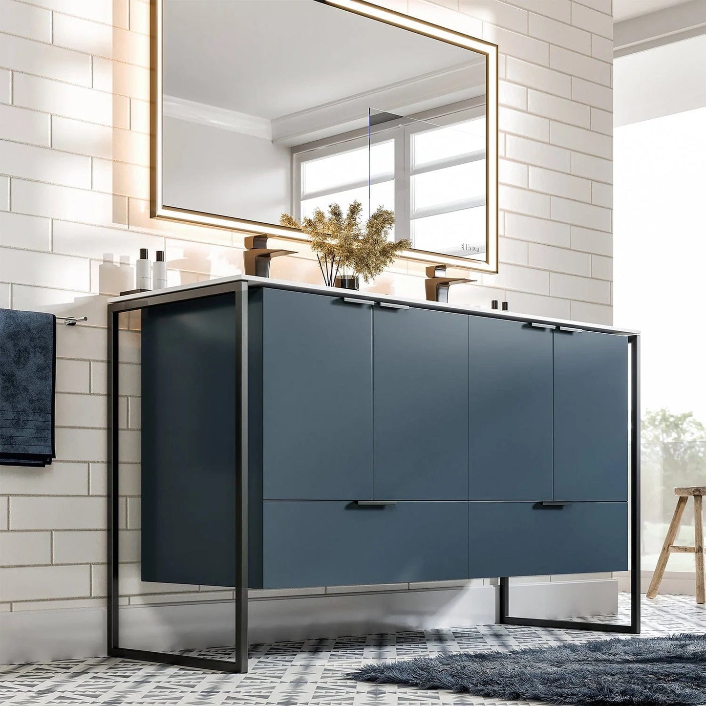 EVIVA Moma 48 Inch Double Sink Bathroom Vanity with Black Metallic Legs