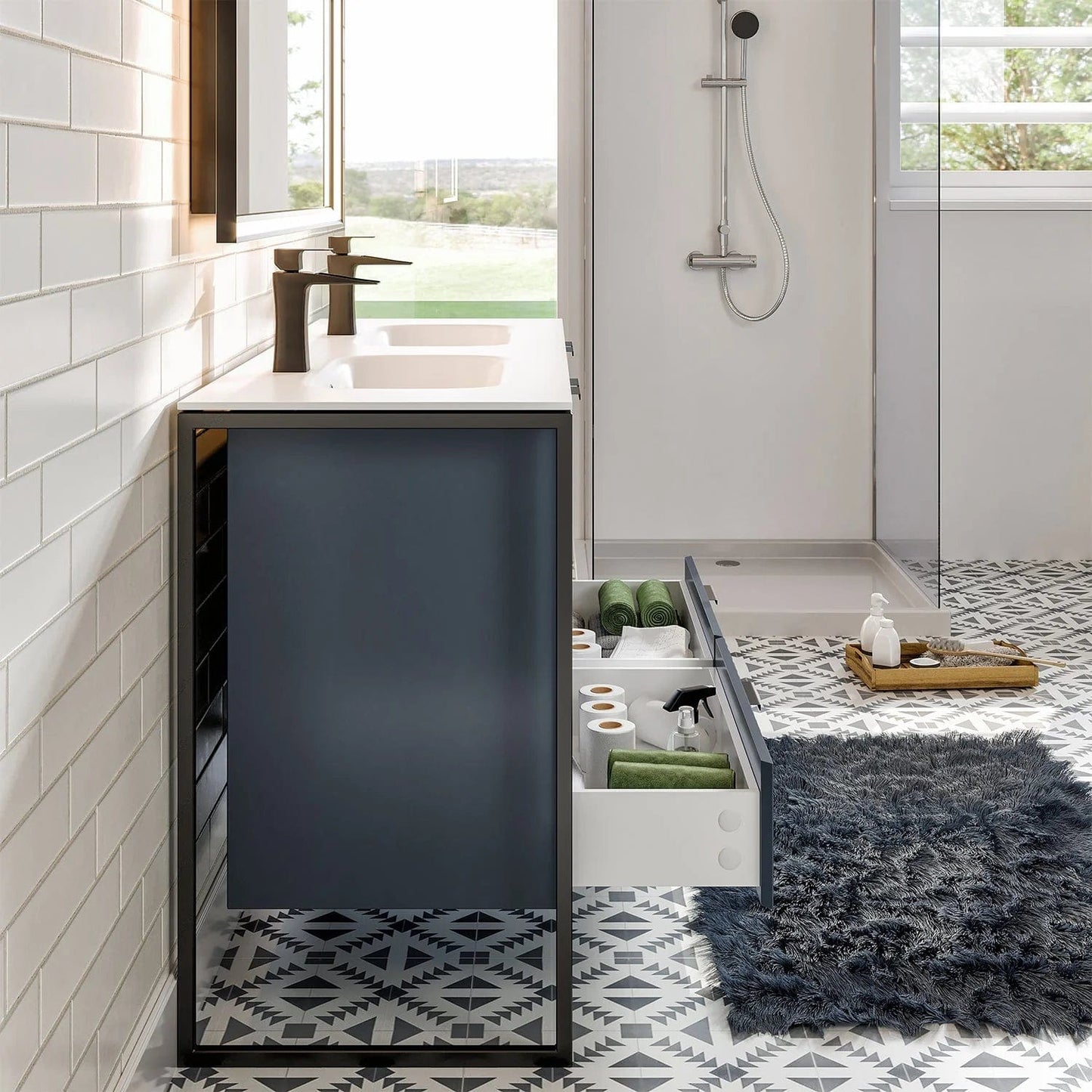 EVIVA Moma 48 Inch Double Sink Bathroom Vanity with Black Metallic Legs