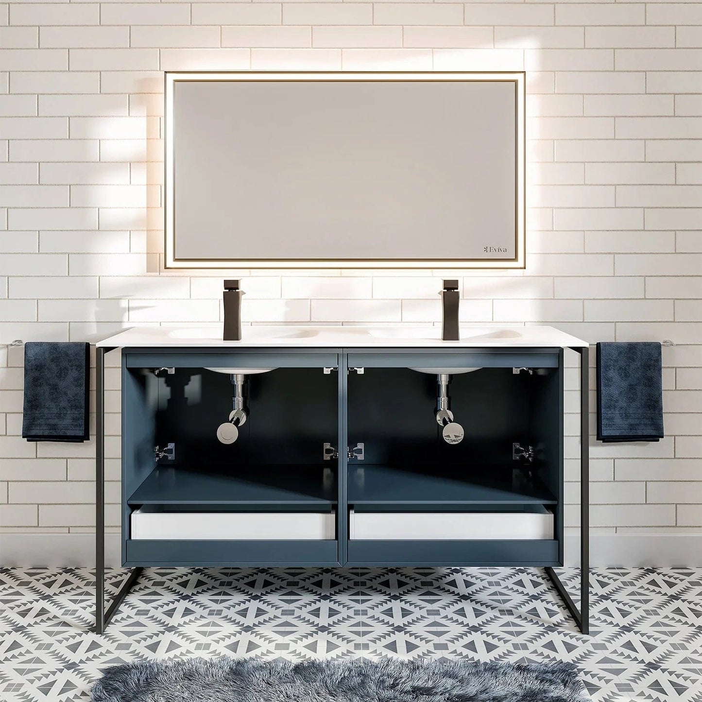 EVIVA Moma 48 Inch Double Sink Bathroom Vanity with Black Metallic Legs