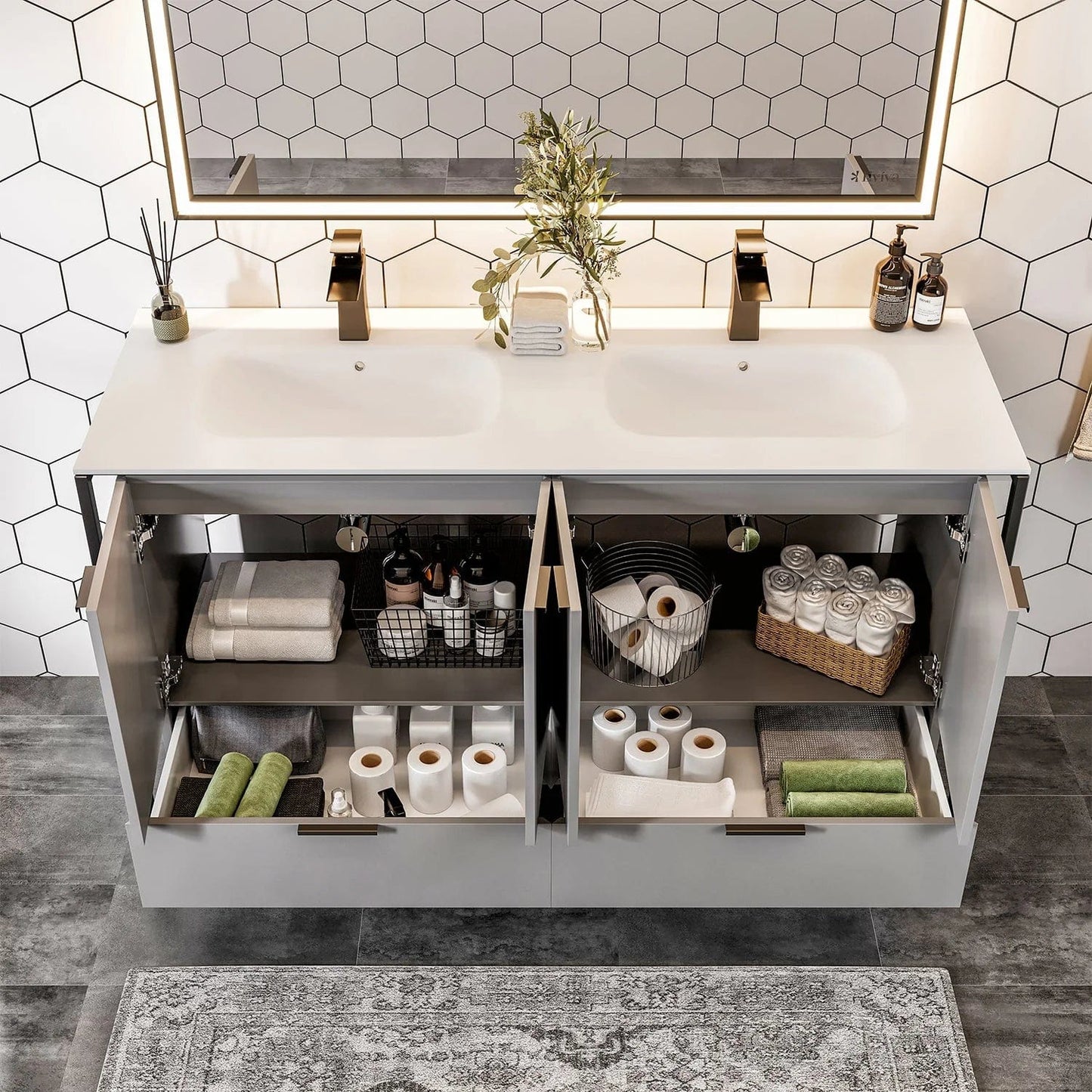 EVIVA Moma 48 Inch Double Sink Bathroom Vanity with Black Metallic Legs