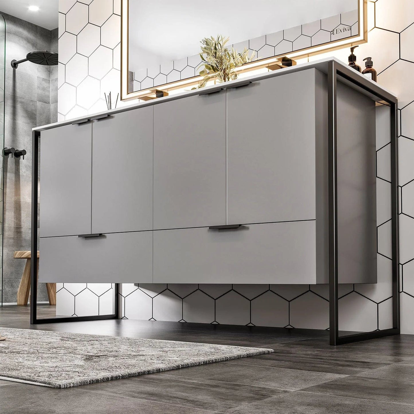 EVIVA Moma 48 Inch Double Sink Bathroom Vanity with Black Metallic Legs