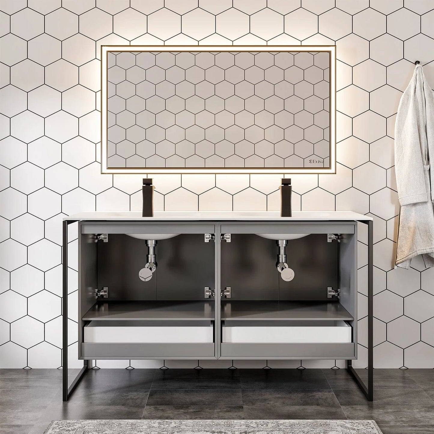 EVIVA Moma 48 Inch Double Sink Bathroom Vanity with Black Metallic Legs