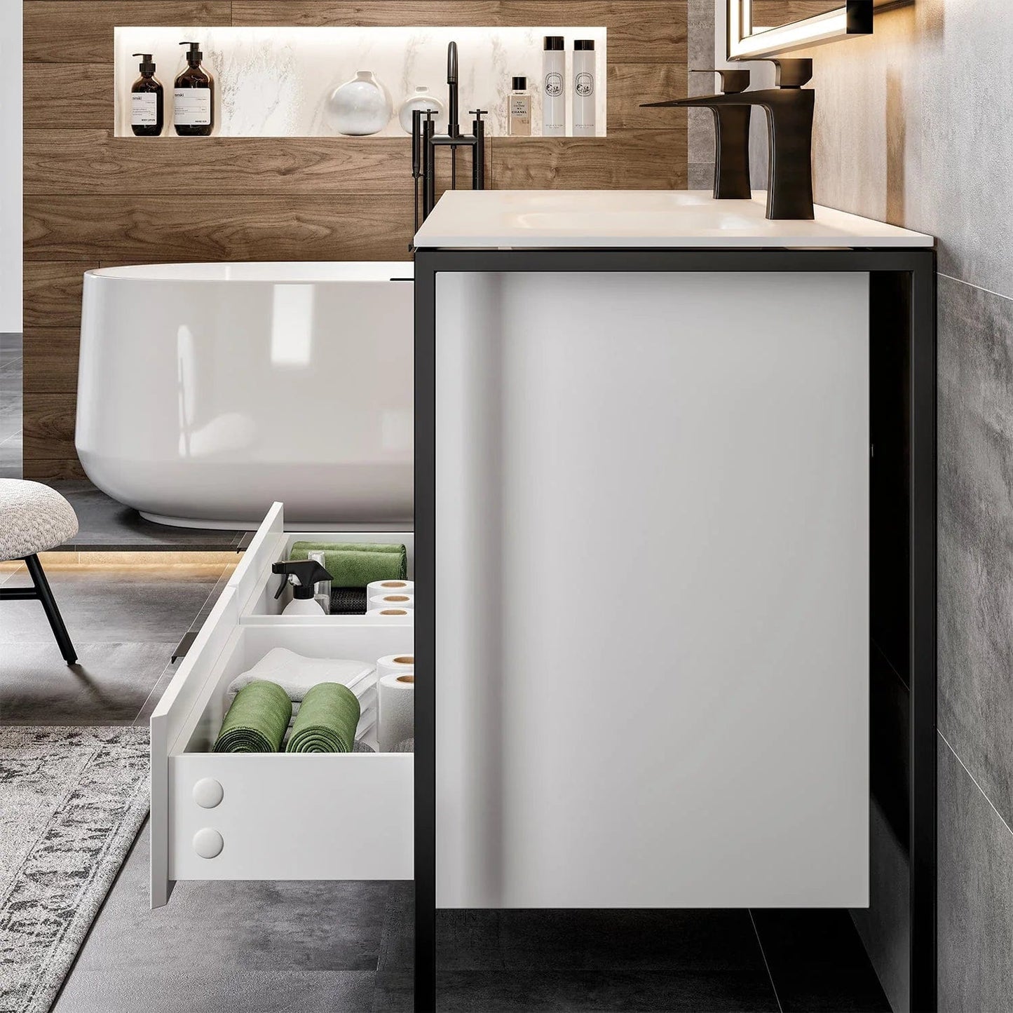 EVIVA Moma 48 Inch Double Sink Bathroom Vanity with Black Metallic Legs