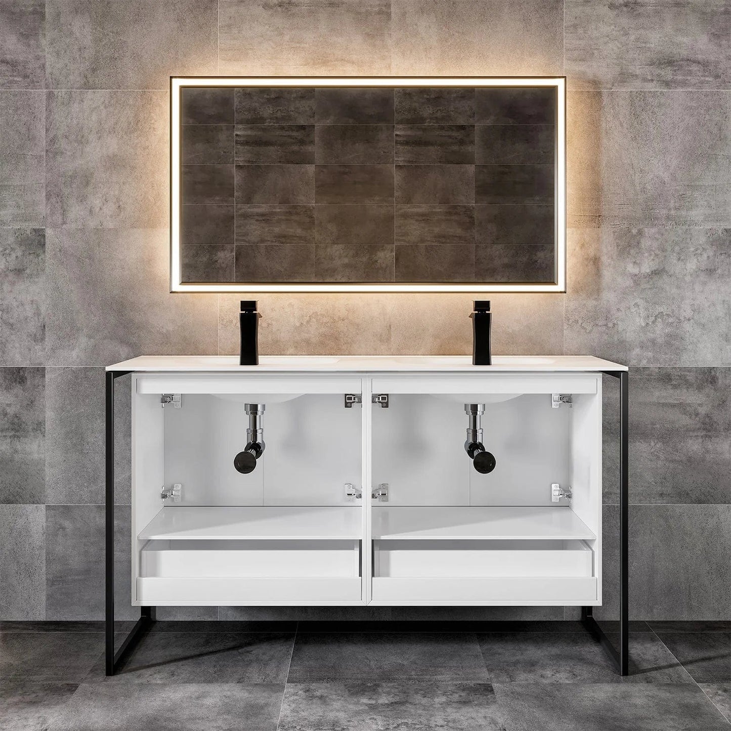 EVIVA Moma 48 Inch Double Sink Bathroom Vanity with Black Metallic Legs