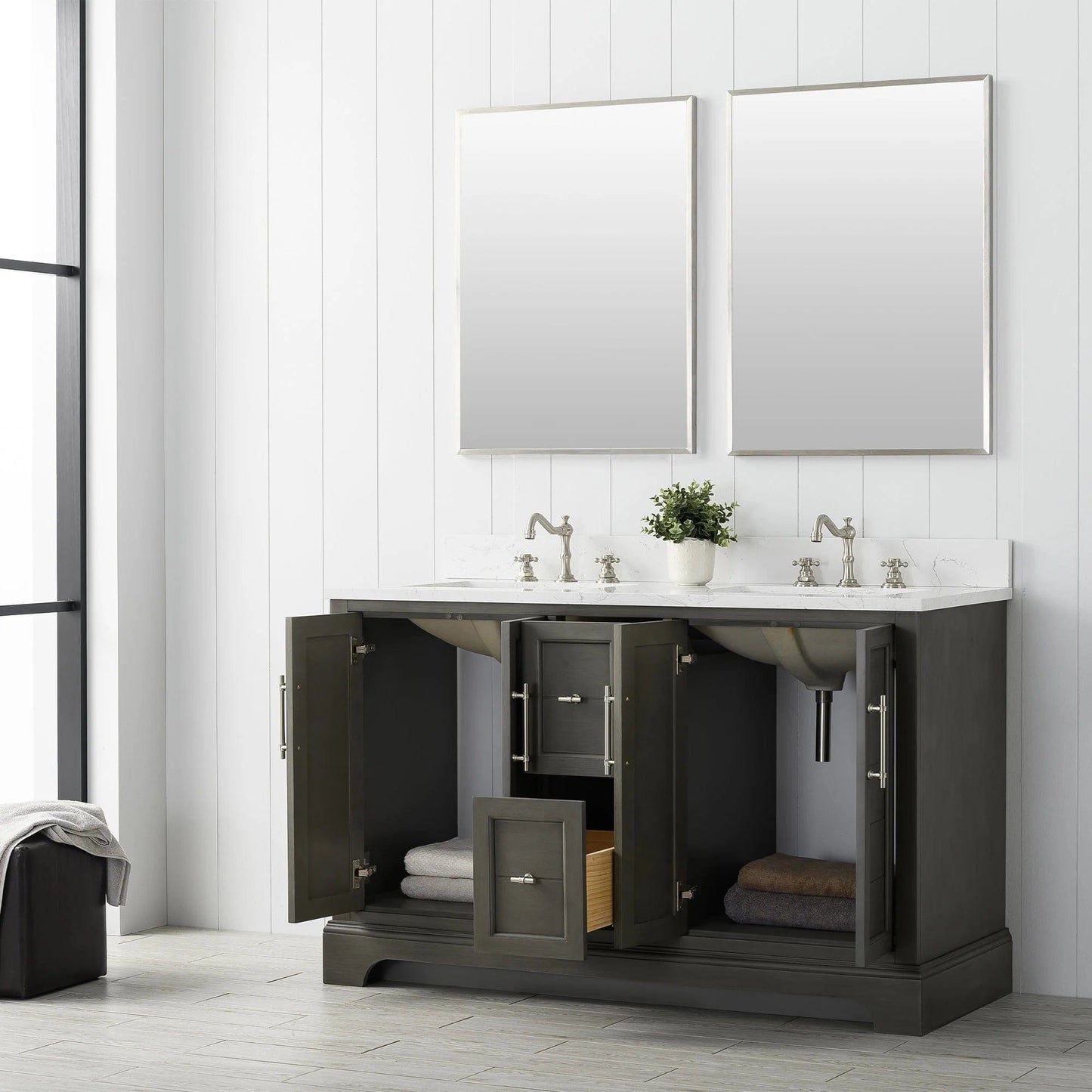 Vanity Art Vannes 54" Double Sink Bathroom Vanity in Silver Grey / White / Vintage Green