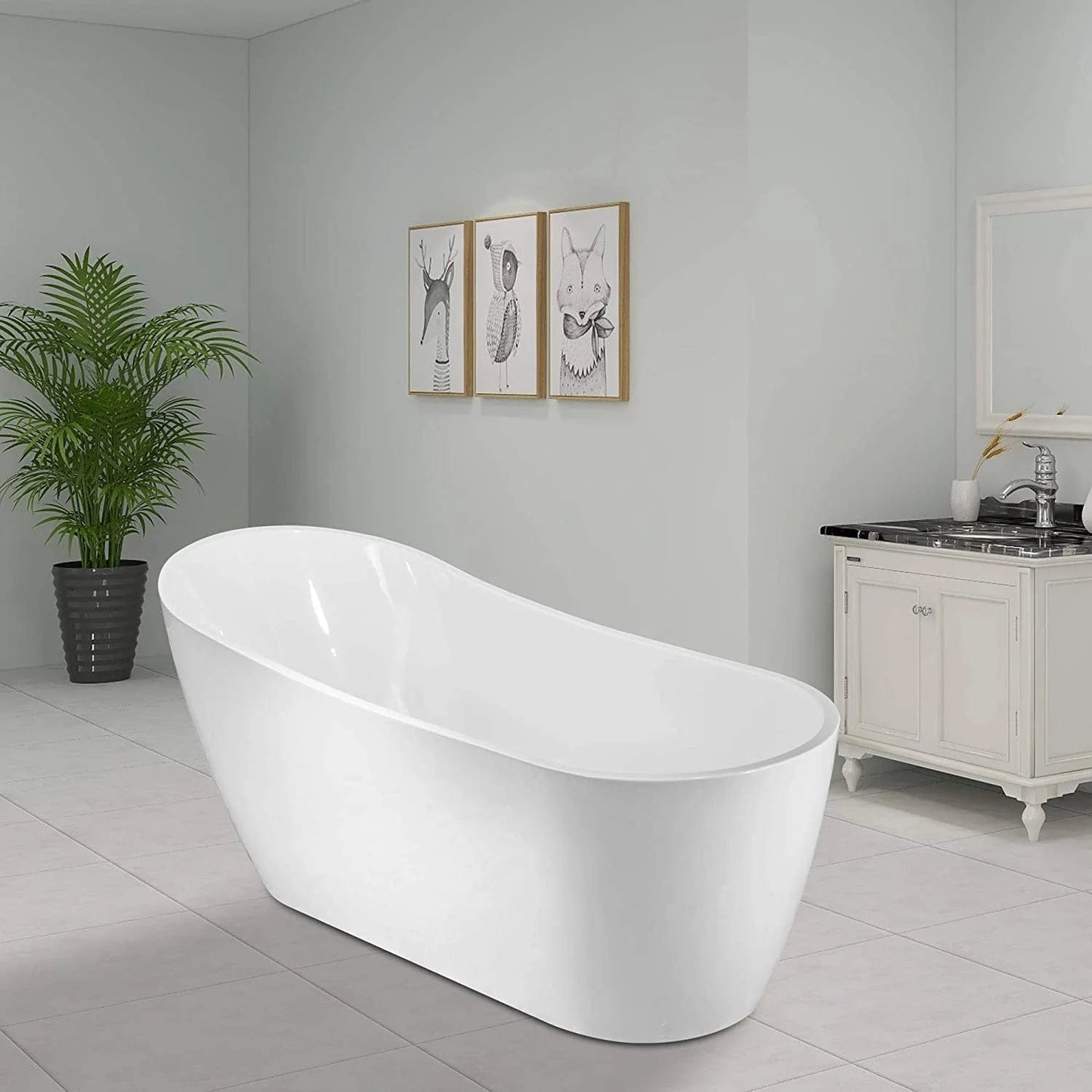 Vanity Art 59" X 29" Freestanding White Acrylic Bathtub