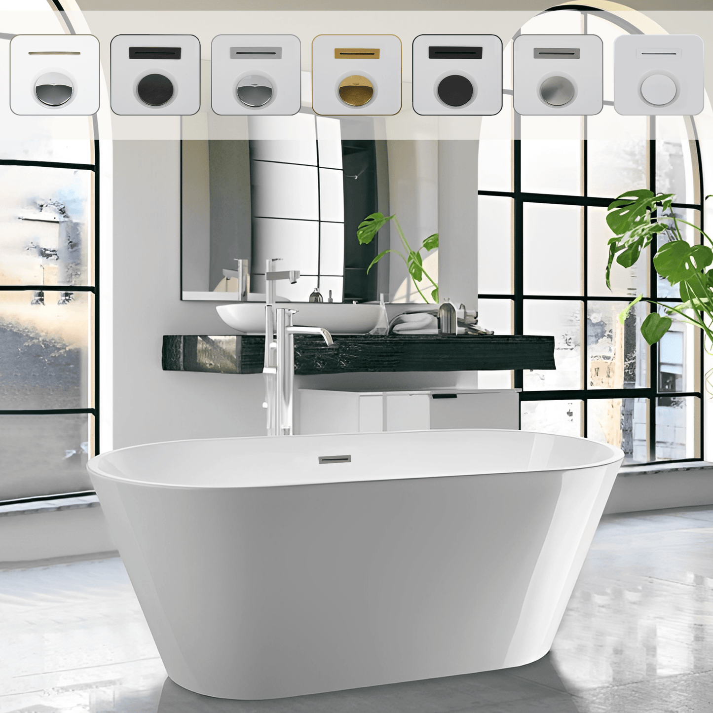 Vanity Art 54" X 29" Non-Slip White Acrylic Freestanding Soaking Bathtub