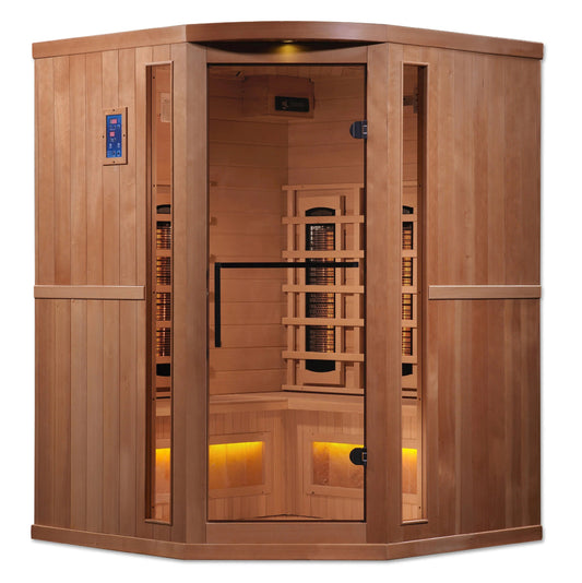 Golden Designs 3-Person Corner Full Spectrum PureTech™ Near Zero EMF FAR Infrared Sauna with Himalayan Salt Bar (Canadian Hemlock) GDI-8035-02