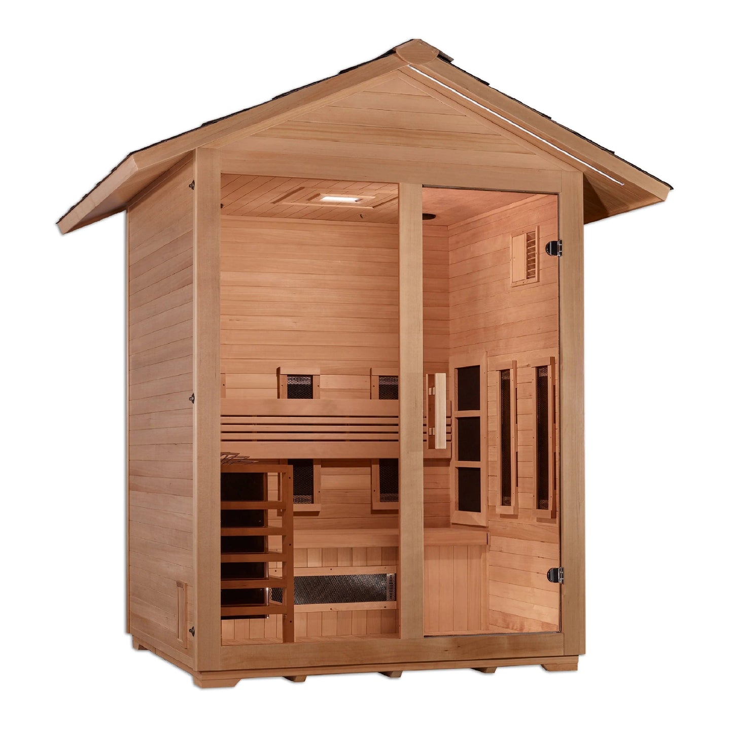 Golden Designs "Carinthia" 3 Person Hybrid (PureTech™ Full Spectrum IR or Traditional Stove) Outdoor Sauna - Canadian Hemlock GDI-8123-01