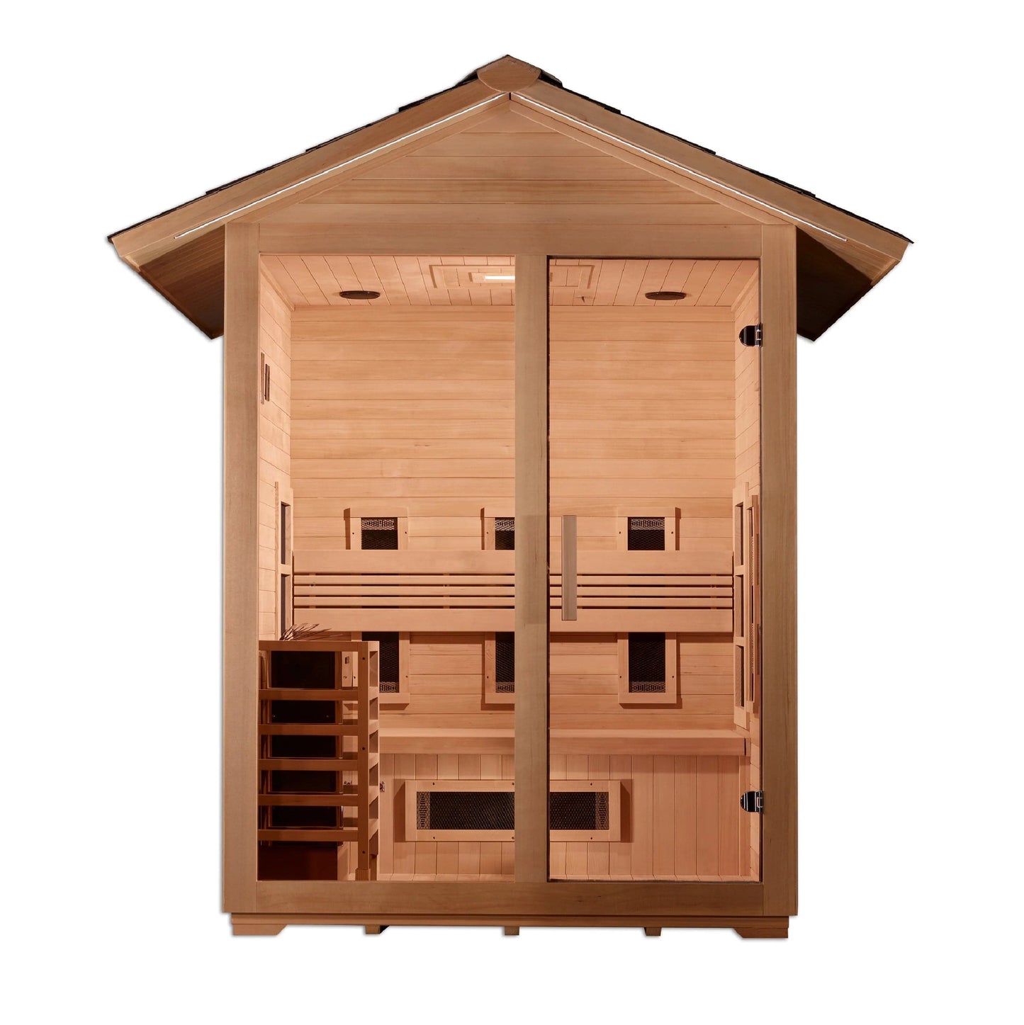 Golden Designs "Carinthia" 3 Person Hybrid (PureTech™ Full Spectrum IR or Traditional Stove) Outdoor Sauna - Canadian Hemlock GDI-8123-01