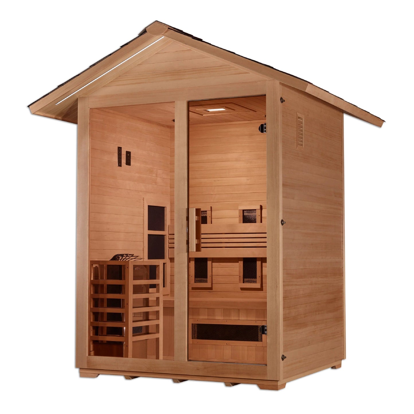 Golden Designs "Carinthia" 3 Person Hybrid (PureTech™ Full Spectrum IR or Traditional Stove) Outdoor Sauna - Canadian Hemlock GDI-8123-01