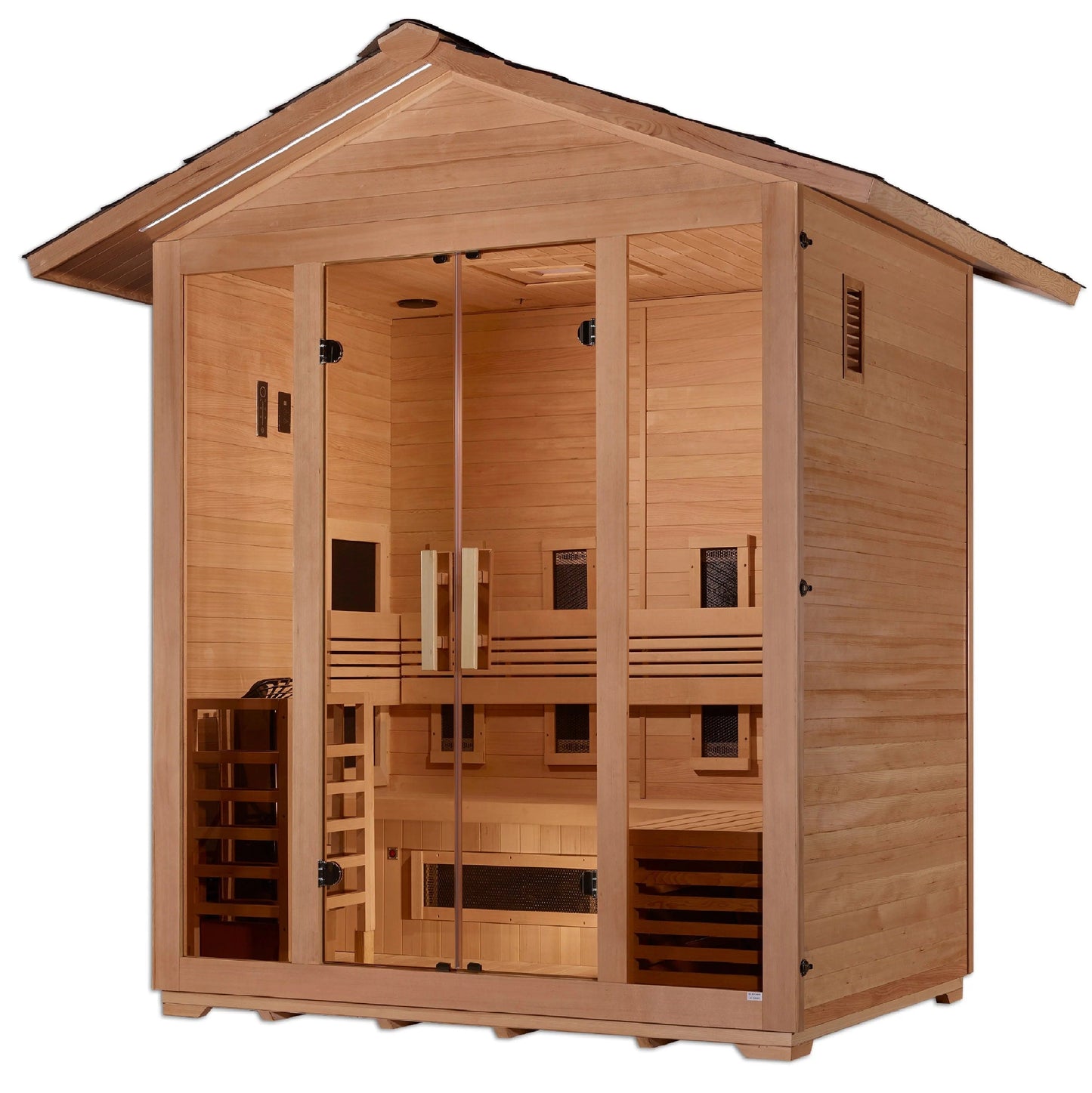 Golden Designs "Gargellen" 5 Person Hybrid (PureTech™ Full Spectrum IR or Traditional Stove) Outdoor Sauna - Canadian Hemlock GDI-8125-01