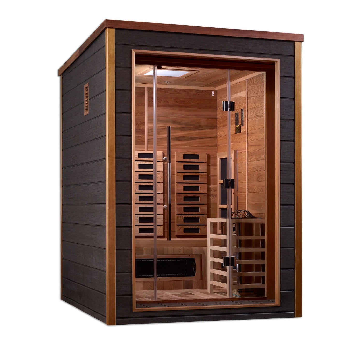 Golden Designs Nora 2 Person Hybrid (PureTech™ Full Spectrum IR or Traditional Stove) Outdoor Sauna (GDI-8222-01) - Canadian Red Cedar Interior GDI-8222-01