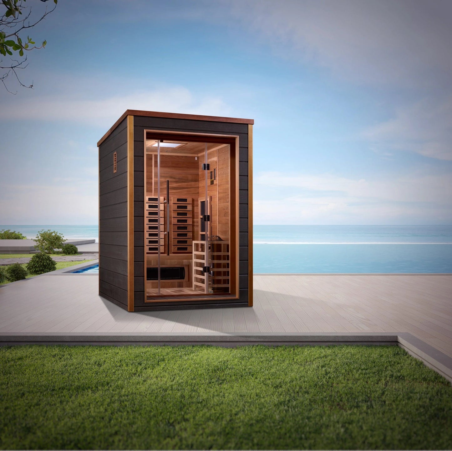 Golden Designs Nora 2 Person Hybrid (PureTech™ Full Spectrum IR or Traditional Stove) Outdoor Sauna (GDI-8222-01) - Canadian Red Cedar Interior GDI-8222-01