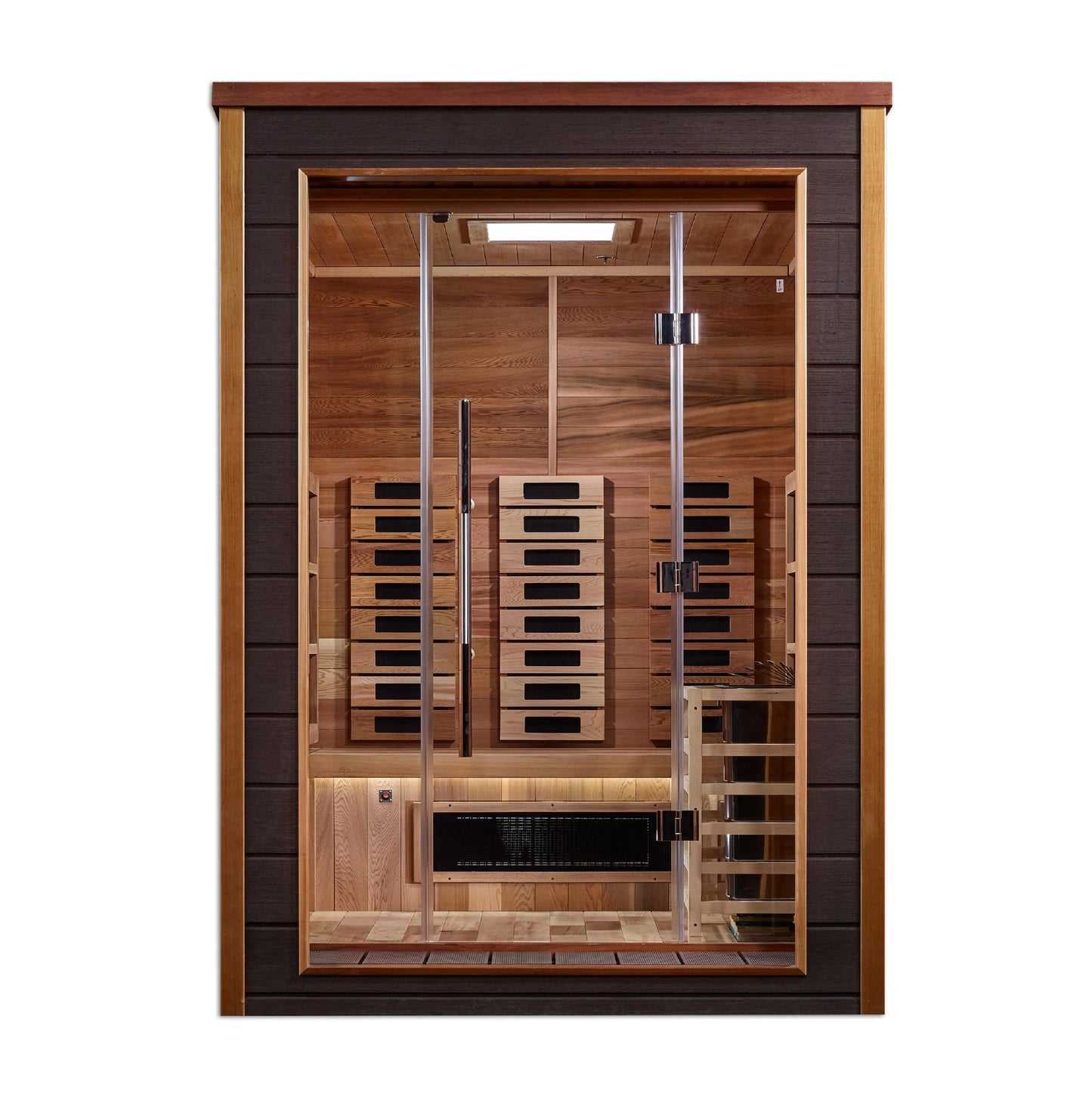 Golden Designs Nora 2 Person Hybrid (PureTech™ Full Spectrum IR or Traditional Stove) Outdoor Sauna (GDI-8222-01) - Canadian Red Cedar Interior GDI-8222-01