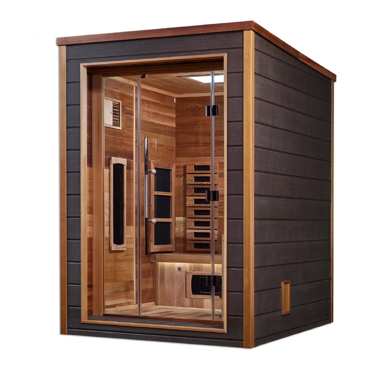 Golden Designs Nora 2 Person Hybrid (PureTech™ Full Spectrum IR or Traditional Stove) Outdoor Sauna (GDI-8222-01) - Canadian Red Cedar Interior GDI-8222-01