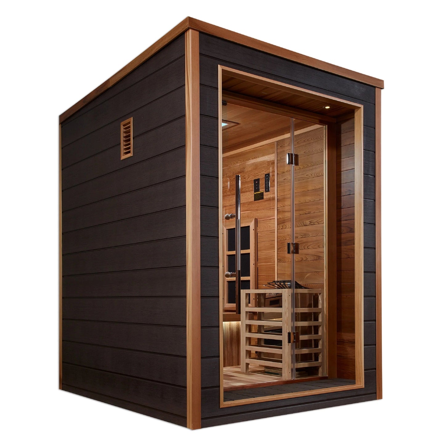 Golden Designs Nora 2 Person Hybrid (PureTech™ Full Spectrum IR or Traditional Stove) Outdoor Sauna (GDI-8222-01) - Canadian Red Cedar Interior GDI-8222-01