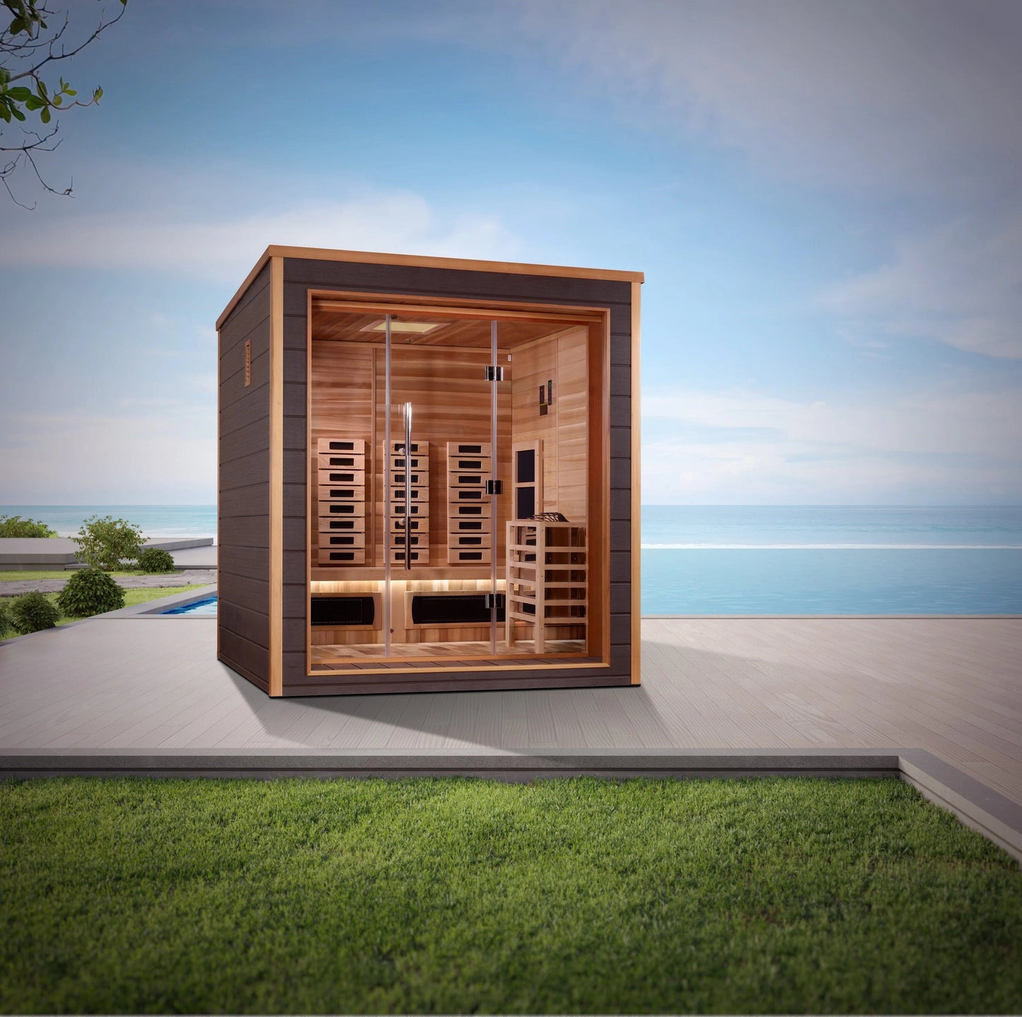 Golden Designs Visby 3 Person Hybrid (PureTech™ Full Spectrum IR or Traditional Stove) Outdoor Sauna (GDI-8223-01) - Canadian Red Cedar Interior GDI-8223-01