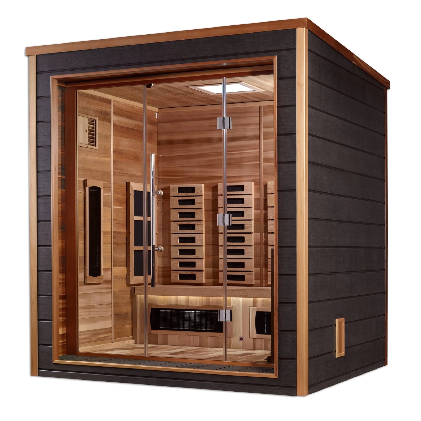 Golden Designs Visby 3 Person Hybrid (PureTech™ Full Spectrum IR or Traditional Stove) Outdoor Sauna (GDI-8223-01) - Canadian Red Cedar Interior GDI-8223-01