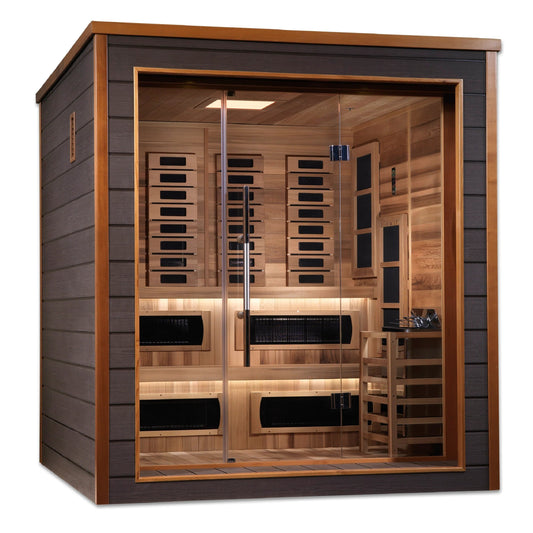 Golden Designs Karlstad 6 Person Hybrid (PureTech™ Full Spectrum IR or Traditional Stove) Outdoor Sauna (GDI-8226-01) - Canadian Red Cedar Interior GDI-8226-01