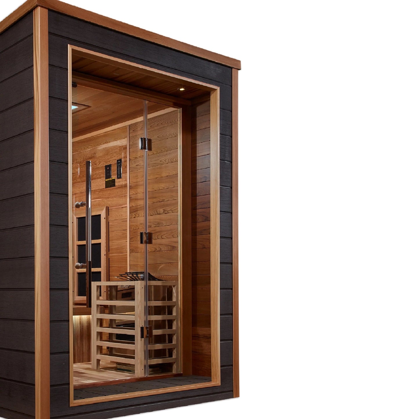 Golden Designs Karlstad 6 Person Hybrid (PureTech™ Full Spectrum IR or Traditional Stove) Outdoor Sauna (GDI-8226-01) - Canadian Red Cedar Interior GDI-8226-01