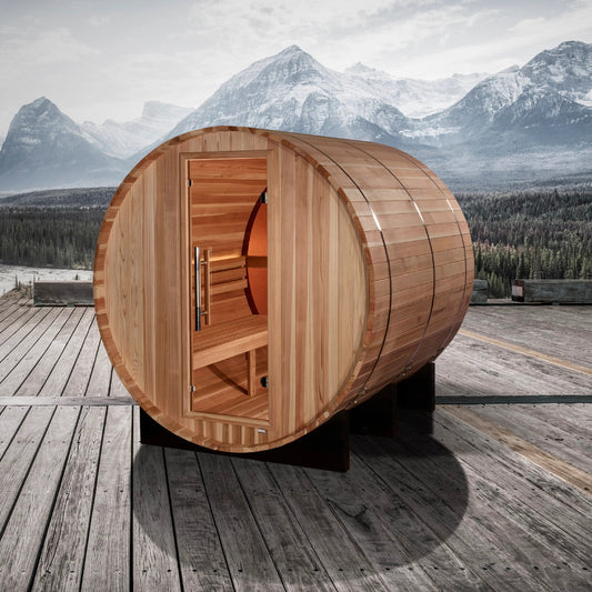 Golden Designs ""Zurich"" 4 Person Barrel with Bronze Privacy View - Traditional Sauna - Pacific Cedar GDI-B024-01  Acrylic Back Wall