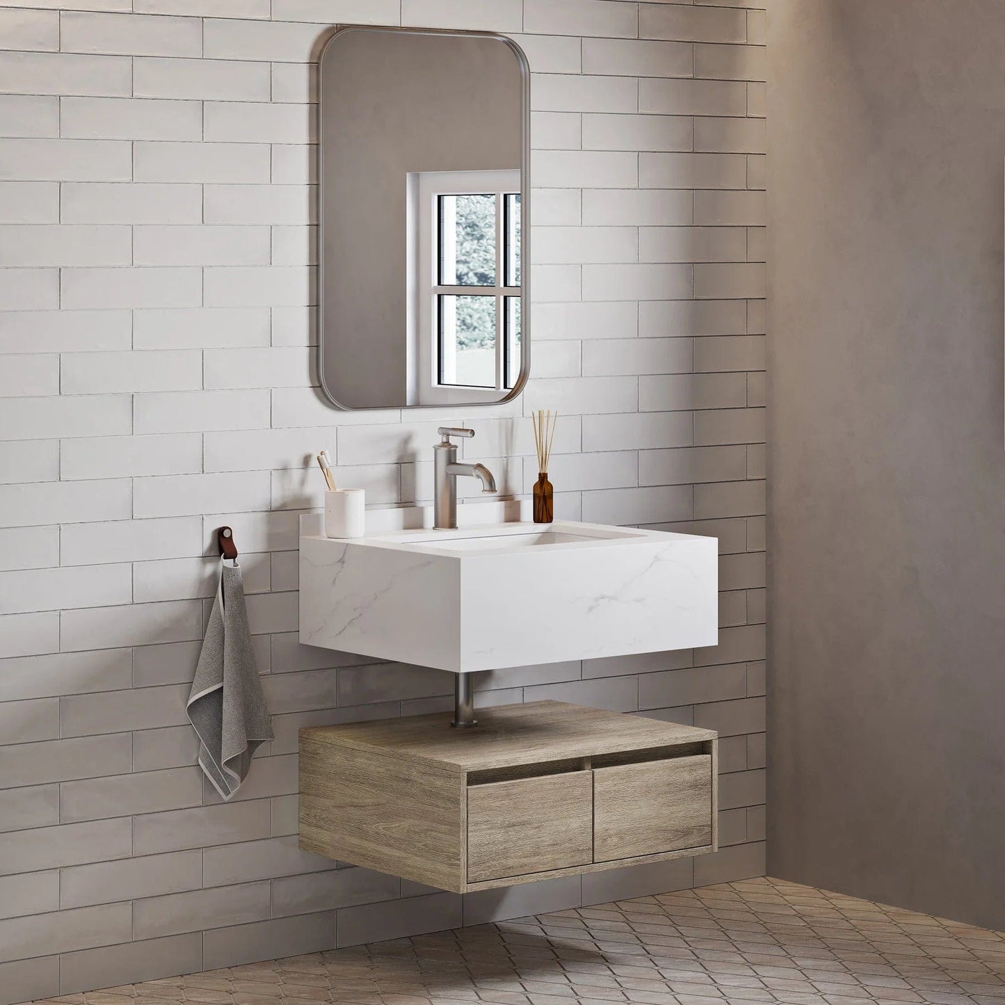 Swiss Madison Avancer 24" Wall-Mounted Bathroom Vanity in Calacatta and White Oak SM-BV700