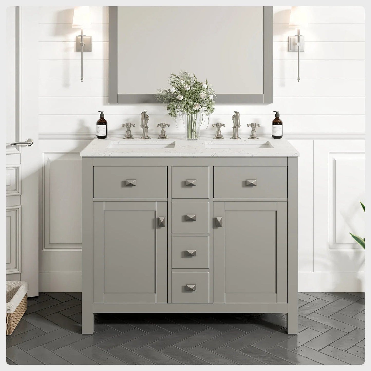 Eviva Totti Artemis 44 inch Transitional Double Sink Bathroom Vanity with White Carrara Style Man-Made Stone Countertop & Undermount Porcelain Sinks