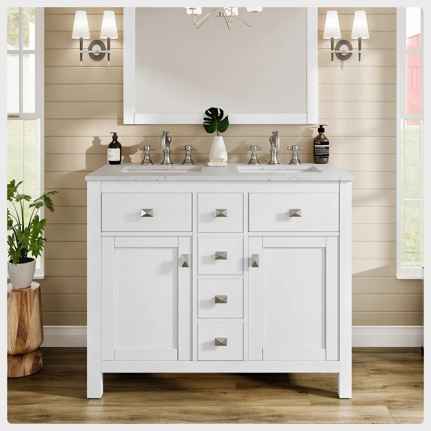 Eviva Totti Artemis 44 inch Transitional Double Sink Bathroom Vanity with White Carrara Style Man-Made Stone Countertop & Undermount Porcelain Sinks