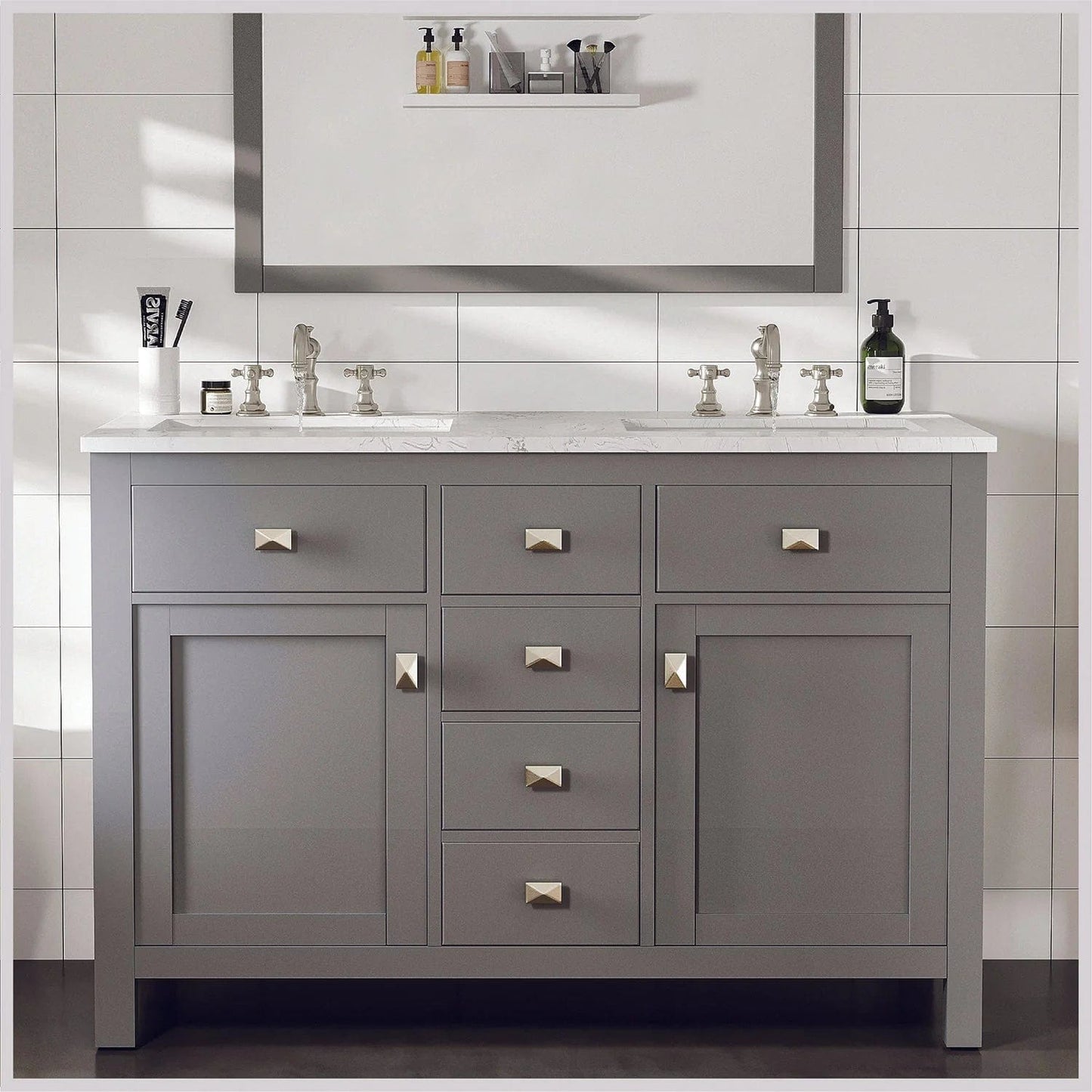 Eviva Totti Artemis 44 inch Transitional Double Sink Bathroom Vanity with White Carrara Style Man-Made Stone Countertop & Undermount Porcelain Sinks