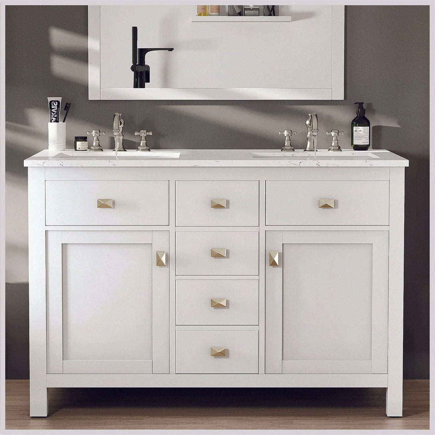 Eviva Totti Artemis 44 inch Transitional Double Sink Bathroom Vanity with White Carrara Style Man-Made Stone Countertop & Undermount Porcelain Sinks