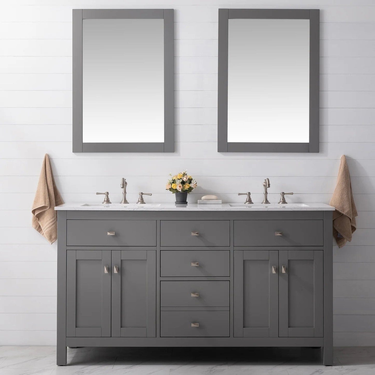 Eviva Totti Artemis 60" Transitional Double Sink Bathroom Vanity w/ White Carrara Style Man-Made Stone Top