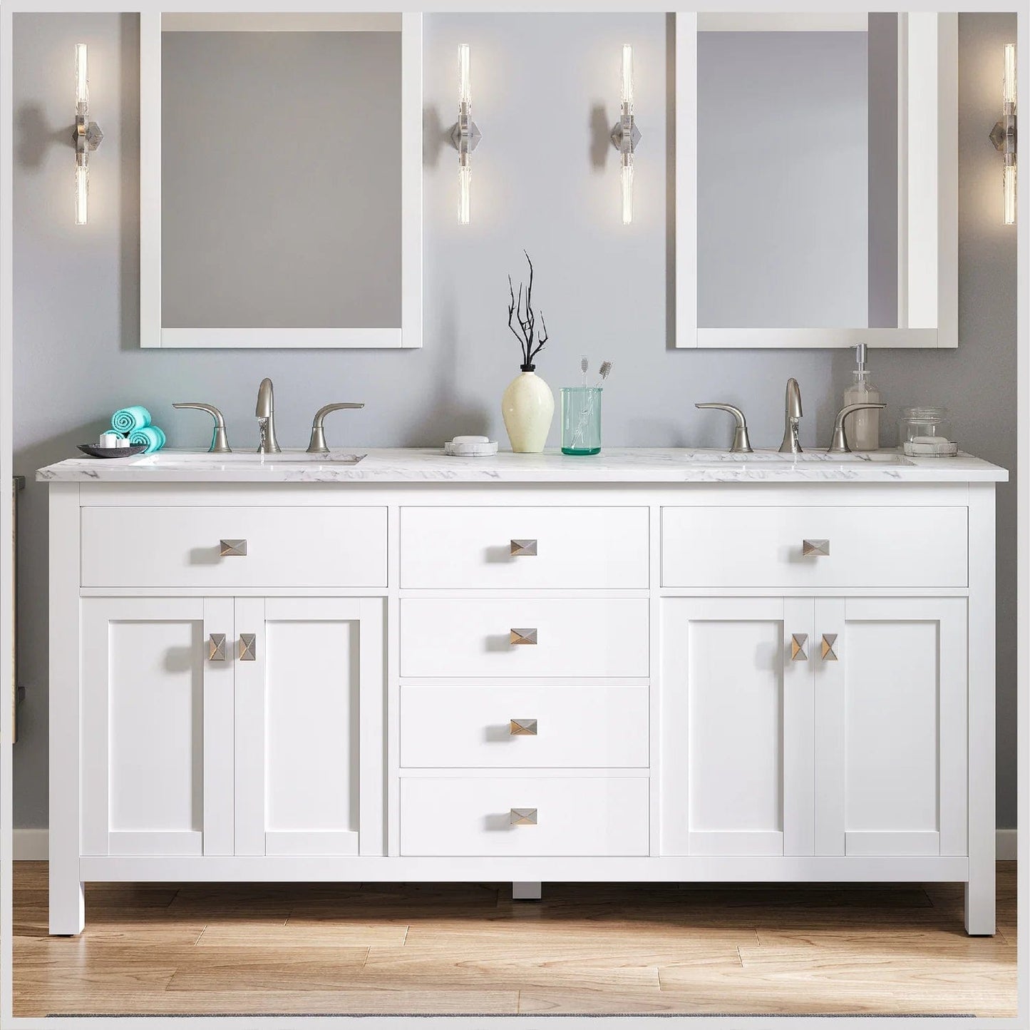 Eviva Totti Artemis 60" Transitional Double Sink Bathroom Vanity w/ White Carrara Style Man-Made Stone Top