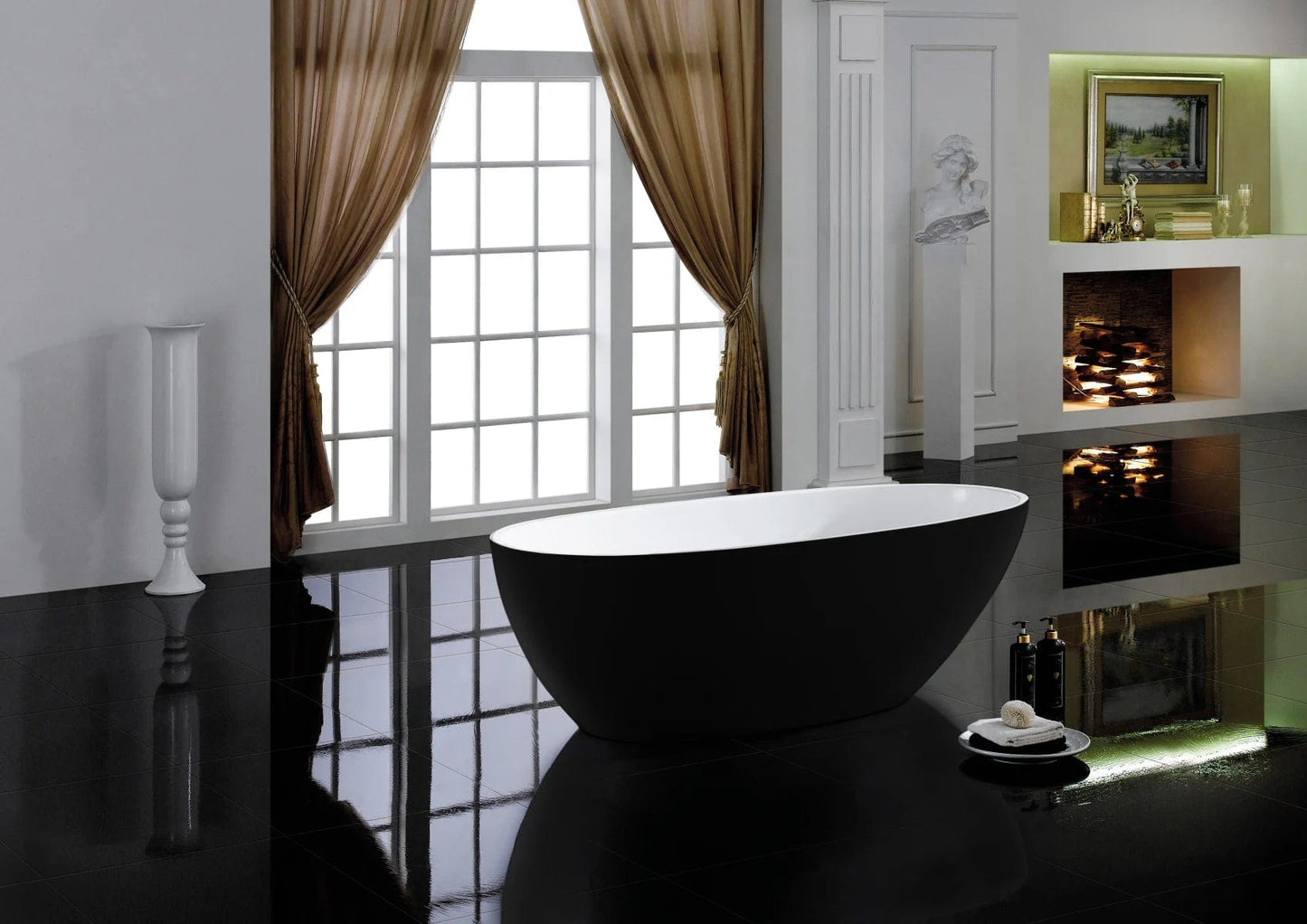 A&E Bath & Shower Layla White/Black Oval Acrylic Center Drain Bathtub