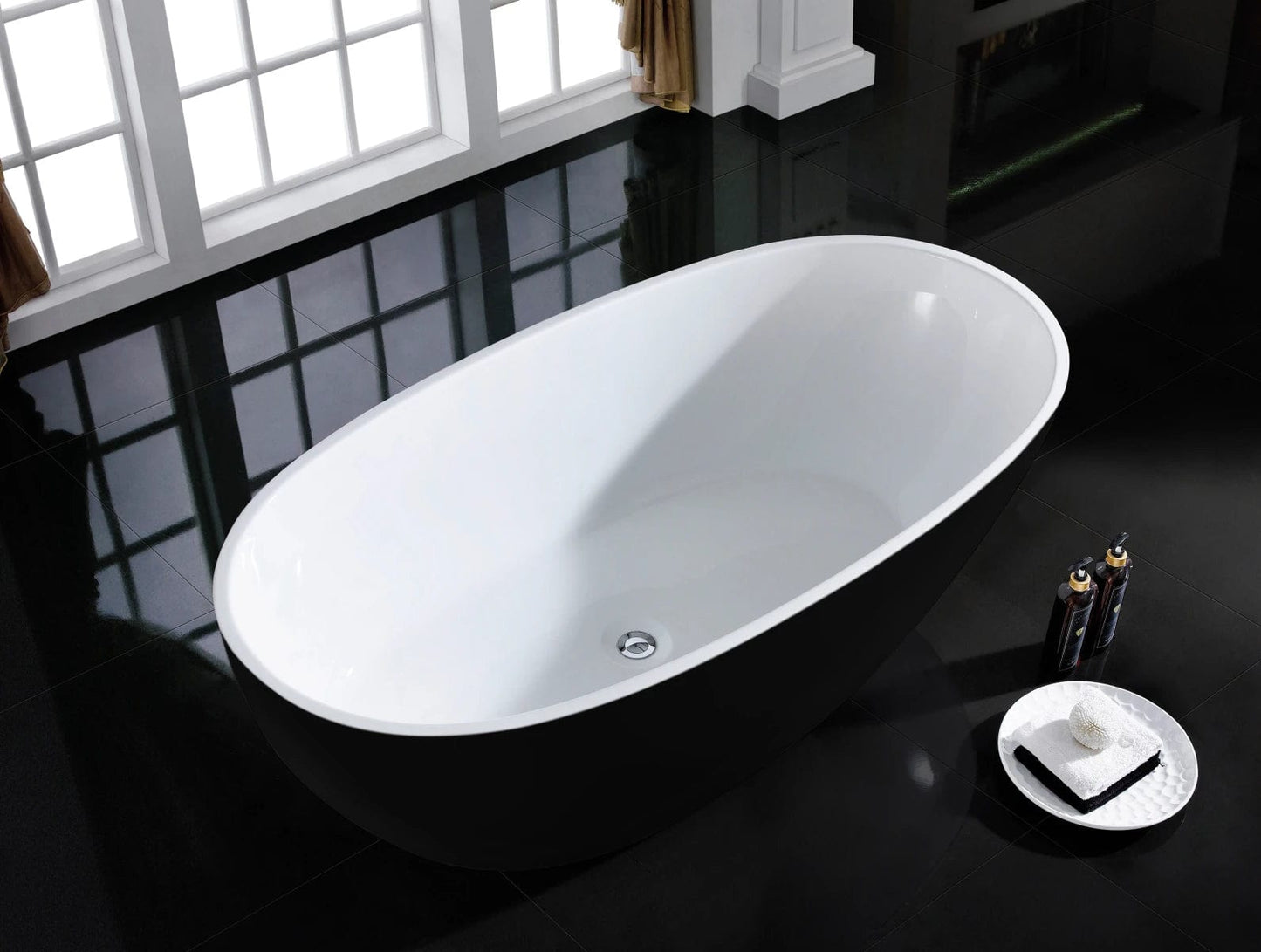 A&E Bath & Shower Layla White/Black Oval Acrylic Center Drain Bathtub