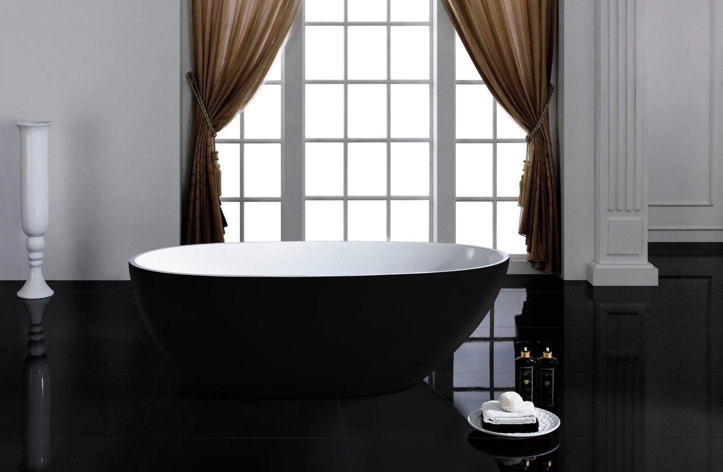 A&E Bath & Shower Layla White/Black Oval Acrylic Center Drain Bathtub