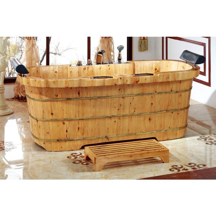 ALFI brand AB1130 65" 2 Person Free Standing Cedar Wooden Bathtub with Fixtures & Headrests