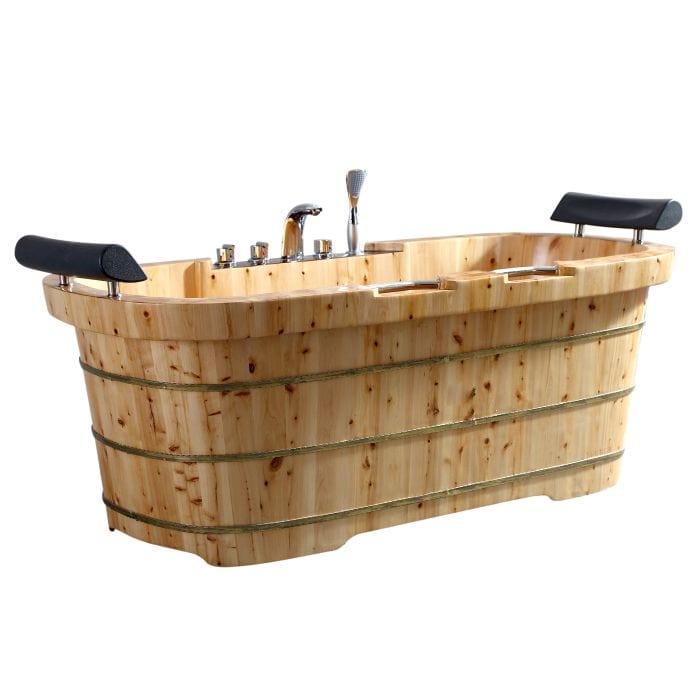 ALFI brand AB1130 65" 2 Person Free Standing Cedar Wooden Bathtub with Fixtures & Headrests