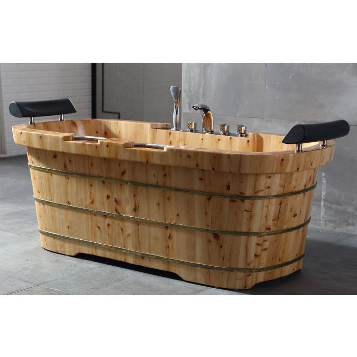 ALFI brand AB1130 65" 2 Person Free Standing Cedar Wooden Bathtub with Fixtures & Headrests