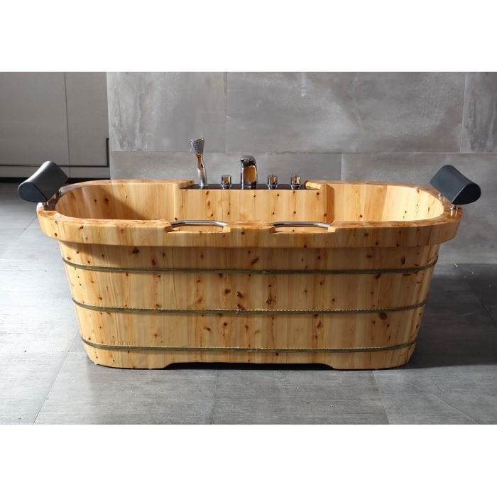 ALFI brand AB1130 65" 2 Person Free Standing Cedar Wooden Bathtub with Fixtures & Headrests