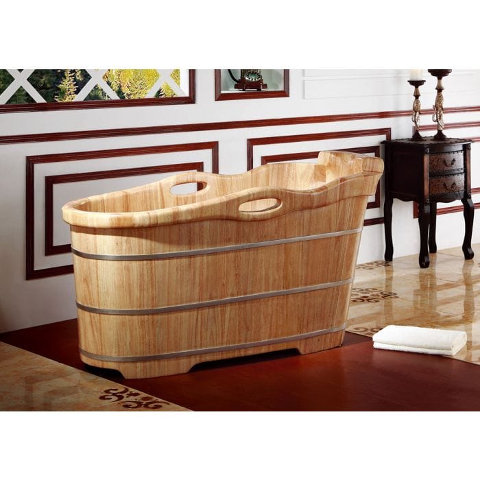 ALFI brand AB1187 57" Free Standing Rubber Wooden Soaking Bathtub with Headrest