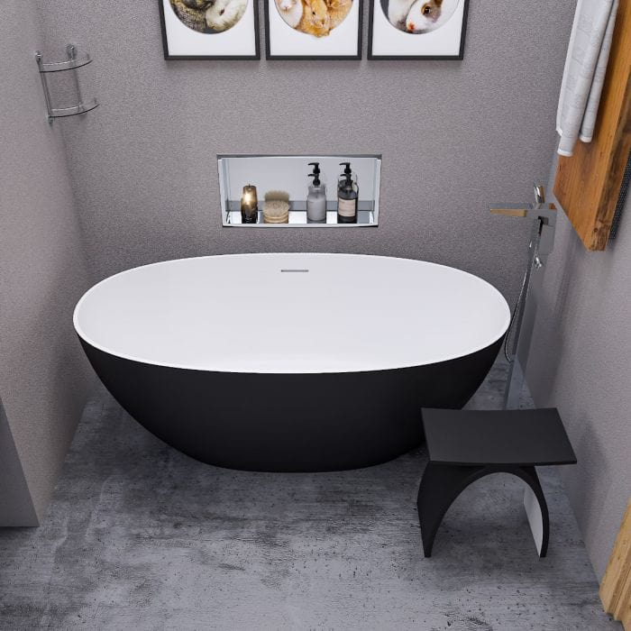 ALFI brand AB9975BM 59" Black & White Matte Oval Solid Surface Resin Soaking Bathtub